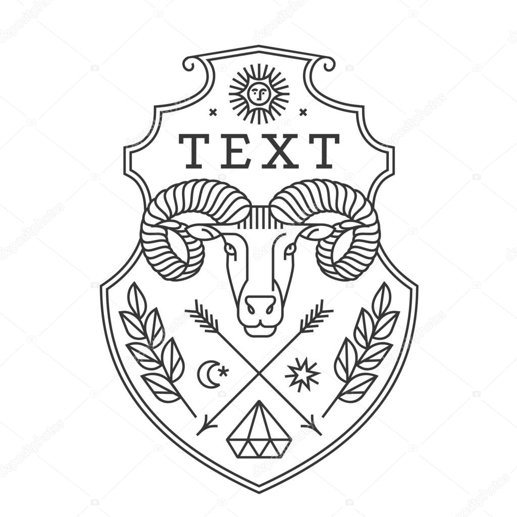 Emblem, badge with a ram head in the style of linear engravings, armorial symbols. In the style of linear engravings.  Coat of arms, heraldry. Aries zodiac sign. 