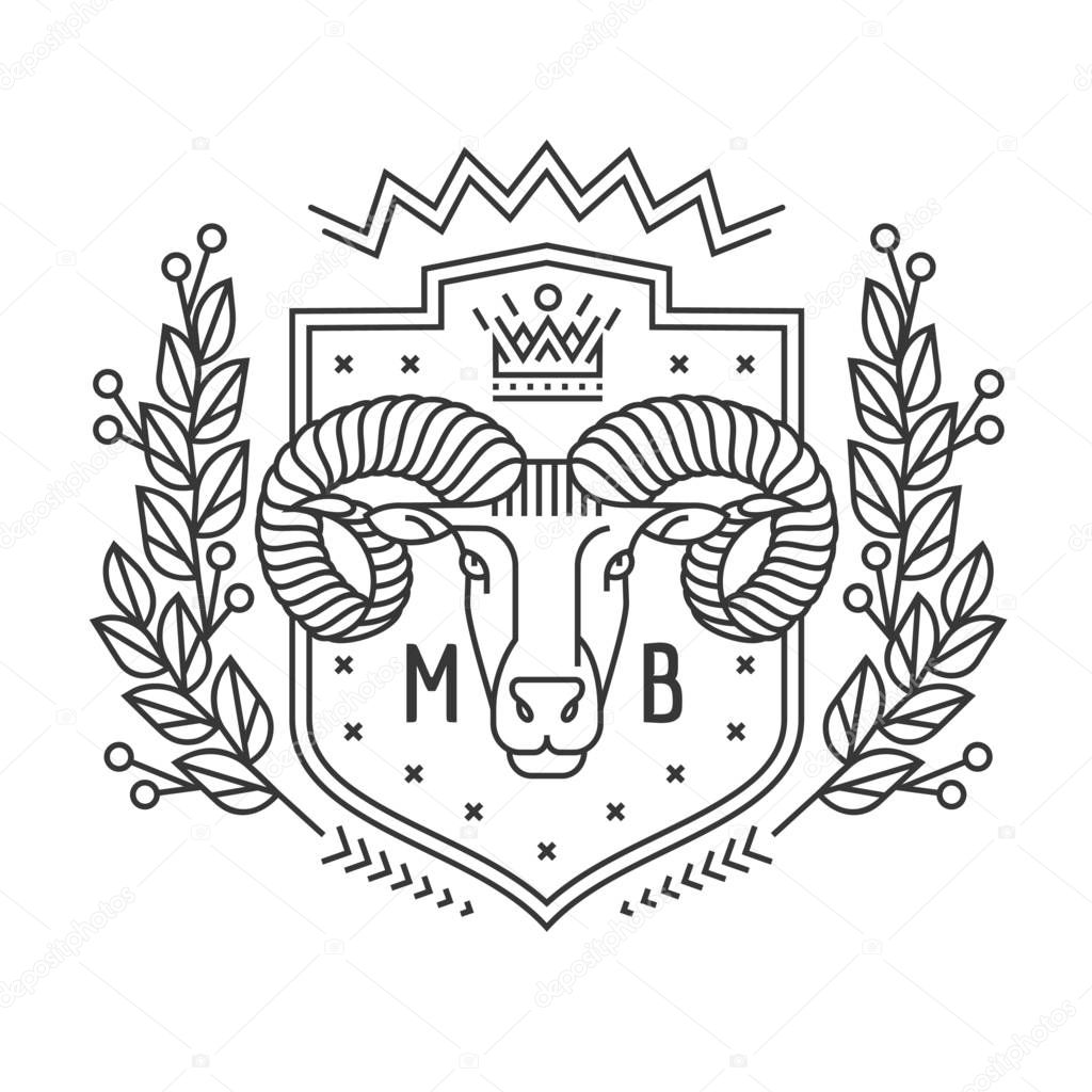 Emblem, badge with a ram head in the style of linear engravings, armorial symbols. in the style of linear engravings, armored symbols.  Coat of arms, heraldry. Aries zodiac sign.
