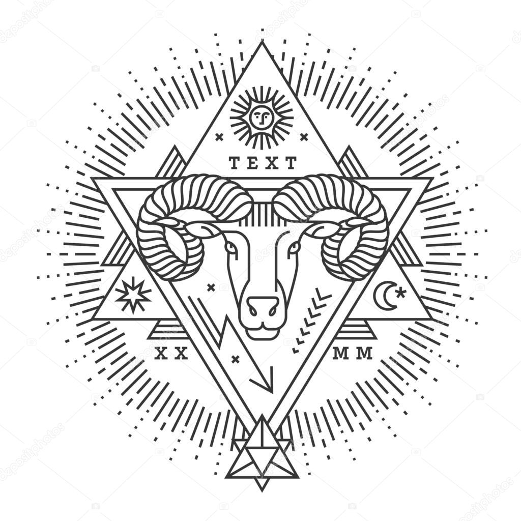 Emblem, badge with a ram head in the style of linear engravings, armorial symbols. In the style of linear engravings.  Coat of arms, heraldry. Aries zodiac sign. 