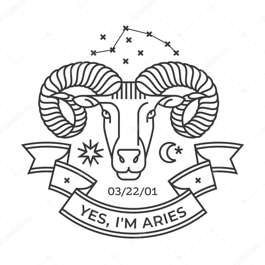 Emblem, badge with a ram head in the style of linear engravings, armorial symbols. In the style of linear engravings.  Coat of arms, heraldry. Aries zodiac sign. 