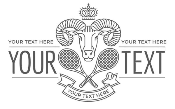 Logo club de tenis con la cabeza de un carnero con una corona y tenis — Vector de stock