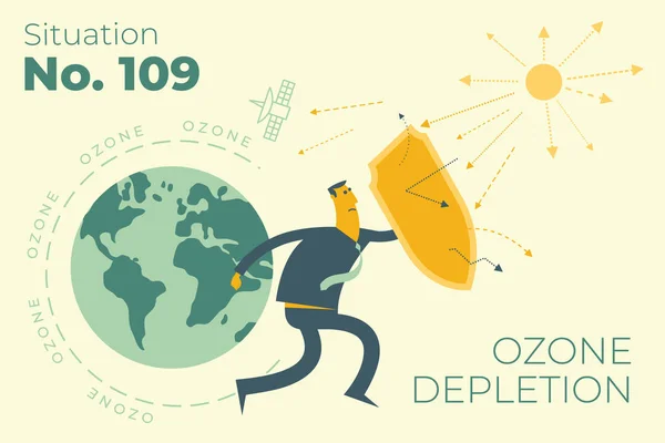 Ecologische Illustratie Ozonuitputting Ozongat Mens Met Een Schild Bedekt Planeet — Stockvector