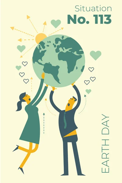 Ecological Illustration Earth Day Man Woman Hold Planet Earth Hands — Stock Vector