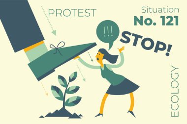 Ekolojik çizim. Kadın ağacı yıkımdan koruyor, kesiyor. Eylemci doğayı korur. Gösteri, ralli, protesto. Ekolojik düşünce. Çevre eylemcisi. Yeşil. Ekolojist.