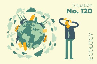 Ekolojik çizim. Adam dehşet içinde başını tutuyor. Dünya gezegeni duman, plastik, çöp içinde. Küresel ısınma CO2 'nin sera etkisi. Çevresel bir sorun. Çevre aktivisti. Yeşil. Ekolojist.