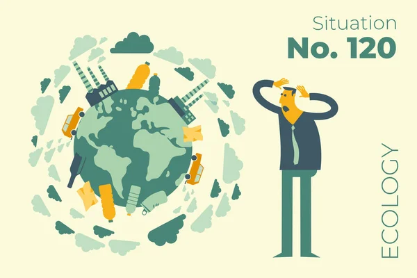 Ecological Illustration Man Holds His Head Horror Planet Earth Smoke Stock Vector
