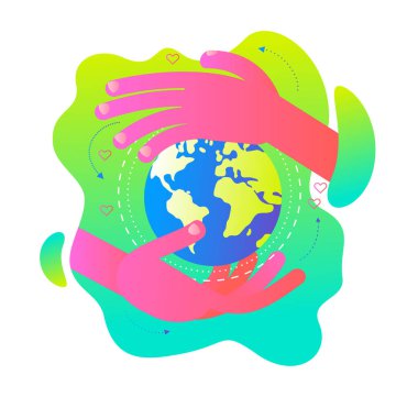 Ecological illustration. Earth day. The hands of the person hugging the planet Earth. Care and love planet. Ecological thinking. Concern for environment. Planting trees. Environmental activist. Green. clipart