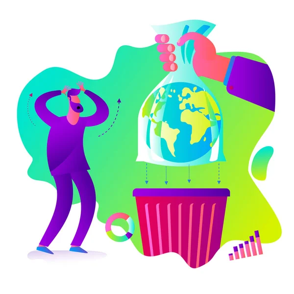 Ökologische Illustration Hand Plastiktüte Wirft Den Planeten Erde Eine Urne — Stockvektor