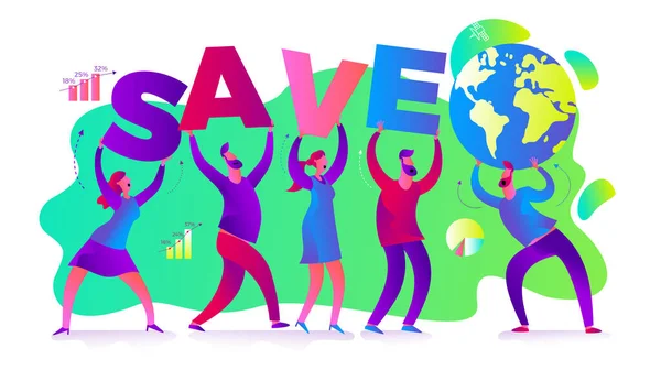 Ilustración Ecológica Día Tierra Hombres Mujeres Están Llamando Para Salvar — Vector de stock