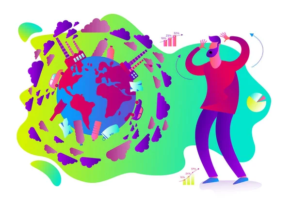 Ecological Illustration Man Holds His Head Horror Planet Earth Smoke Stock Illustration