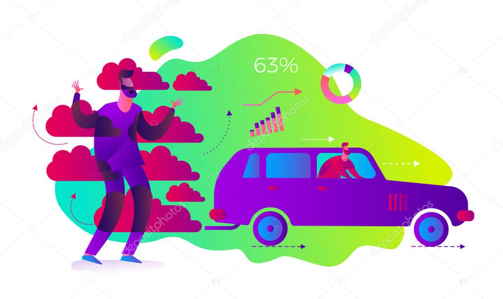 Ecological illustration. Not eco-friendly transport. A man suffocates with the exhaust gases of a car. Pollution of the planet with CO2. Global warming. Greenhouse effect. ECO problem. Green.