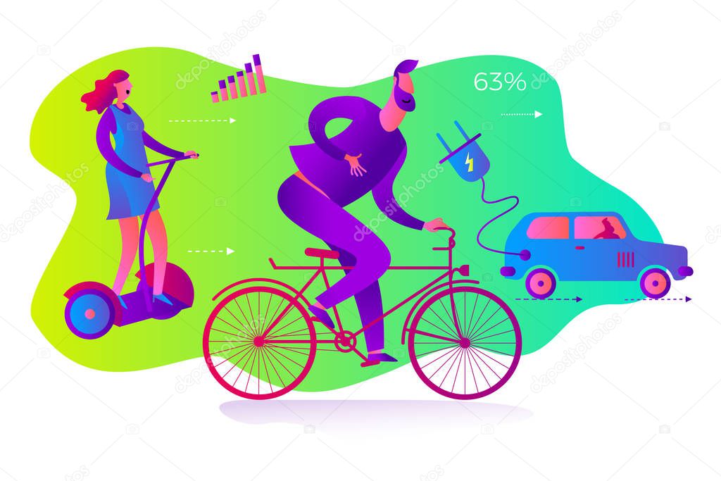Ecological illustration. ECO friendly transport. People go by electric car, Segway, Bicycle.  Pollution of the planet with exhaust gases, CO2. Global warming. Greenhouse effect. ECO problem. Green.