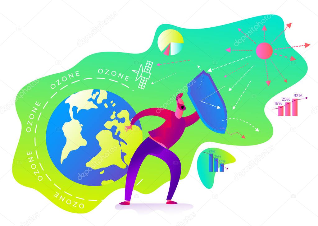 Ecological illustration. Ozone depletion. Ozone hole. Man with a shield covers planet from influence of sun. Environmental pollution. Global warming, CO2. Environmental problem. ECO activist. Green.