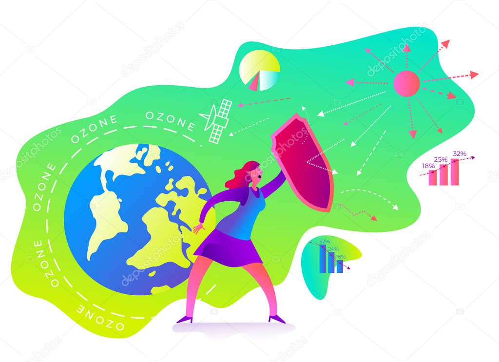 Ecological illustration. Ozone depletion. Ozone hole. Woman with a shield covers planet from influence of sun. Environmental pollution. Global warming, CO2. Environmental problem. ECO activist. Green.