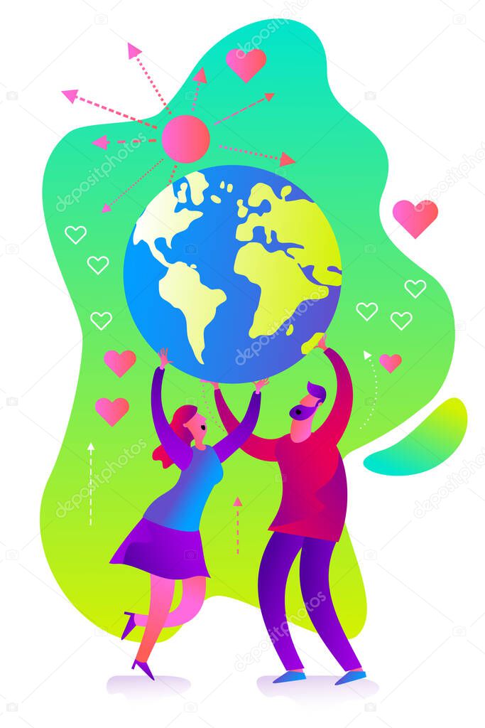 Ecological illustration. Earth day. Man and woman hold planet Earth in their hands. Care and love planet. Ecological thinking. Take Care Of Land. Concern for environment. Planting trees. ECO activist. Green.