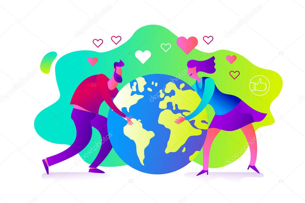Ecological illustration. Earth day. Man and woman embrace planet Earth with their hands. Care and love planet. Ecological thinking. Concern for environment. Planting trees. Environmental activist. Green.