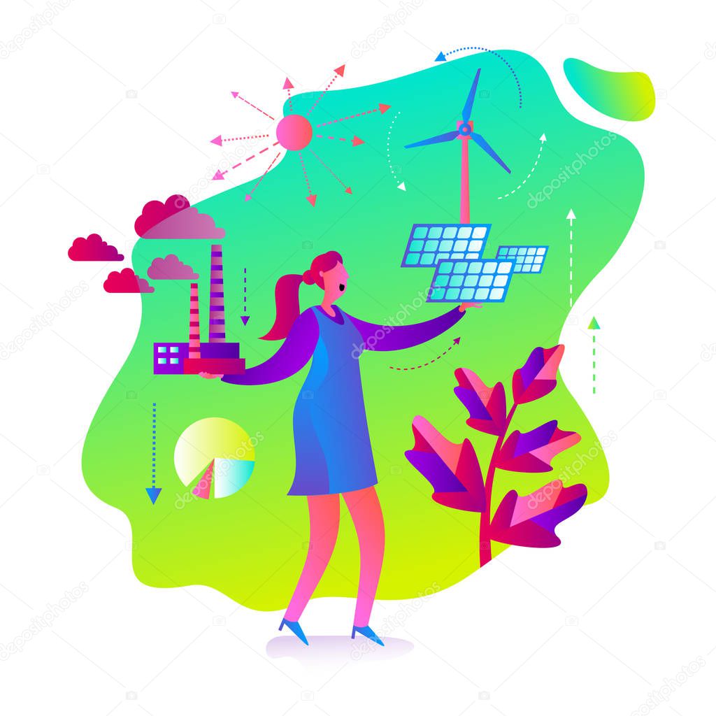 Ecological illustration. Woman chooses between polluting and clean energy. Alternative types of energy. Eco city. Global warming. Environmental problem. ECO activist. Green. Solar panel, wind generator