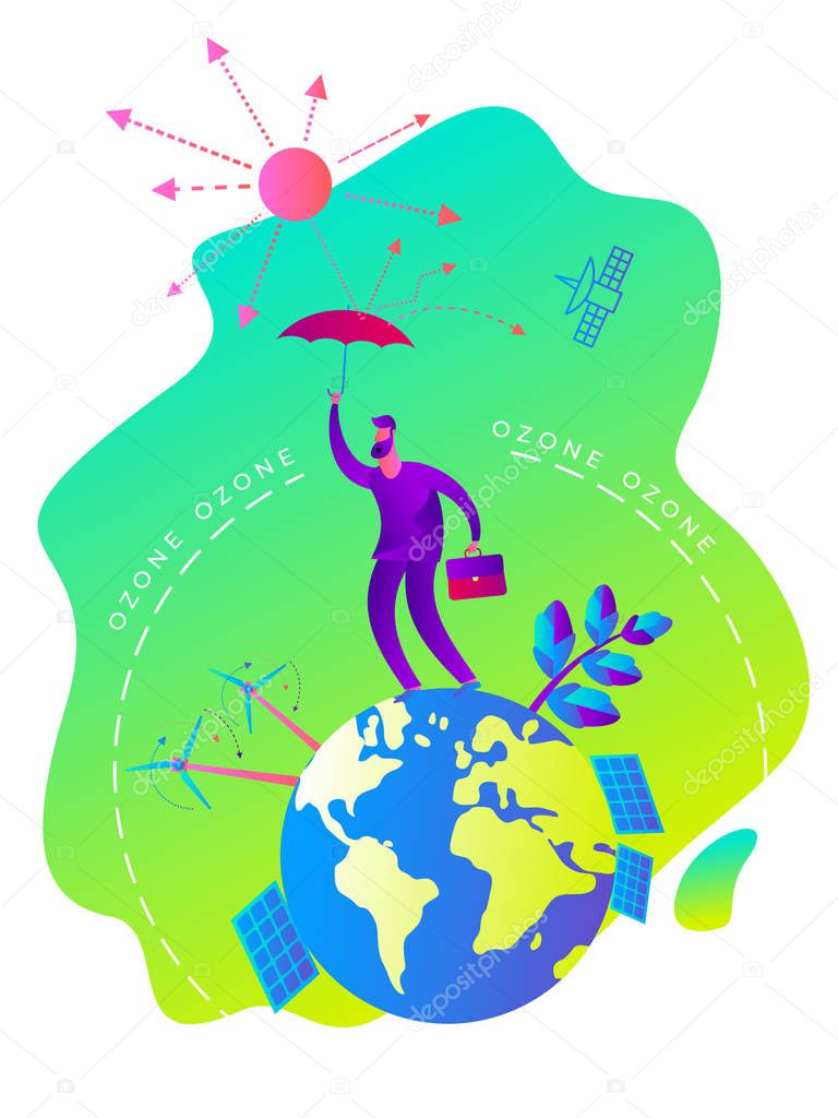 Ecological illustration. Depletion of the ozone layer. Ozone hole. Man with an umbrella covers planet Earth from effects of sun and ozone hole. Eco-city. Greenhouse effect of CO2. ECO activist. Green.