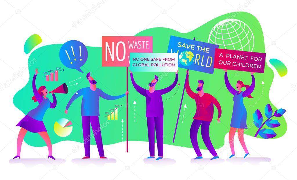 Ecological illustration.  Men and women protest against environmental pollution. No plastic, save the planet. Demonstration, rally, protest, meeting. Ecological thinking. Eco activist. Green. Ecologists.