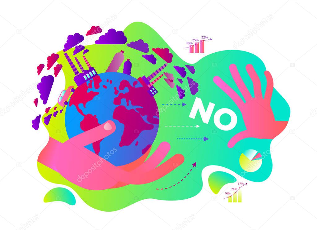 Ecological illustration. In hands of man planet Earth with polluting factories, in smoke. Climate change. Global warming. Greenhouse effect of CO2. Environmental problem. Eco activist. Green.