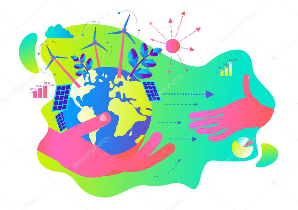 Ecological illustration. In hands of man planet Earth.  Alternative types of energy. Modern eco friendly technologies, solar battery, wind generator, Eco city, waste disposal. ECO activist. Green. 