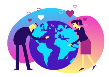 Ekolojik çizim. Dünya günü. Erkek ve kadın, Dünya gezegenini elleriyle kucaklıyor. Bakım ve aşk gezegeni. Ekolojik düşünce. Çevre kaygısı. Ağaç dikiyorum. Çevre eylemcisi. Yeşil.