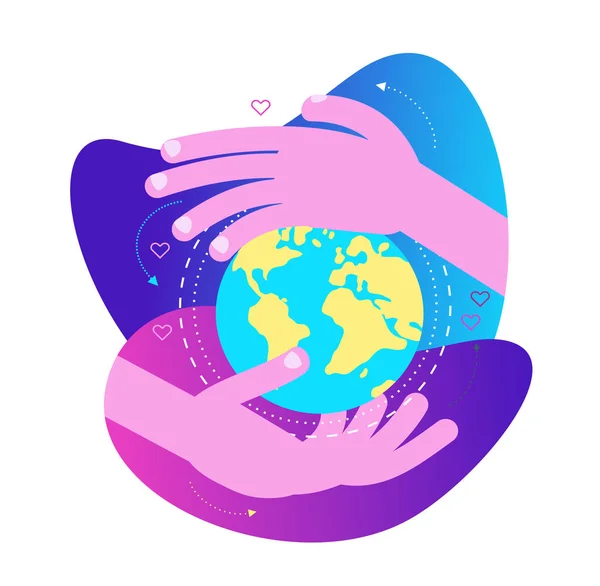 Ecological Illustration Earth Day Hands Person Hugging Planet Earth Care — Stock Vector