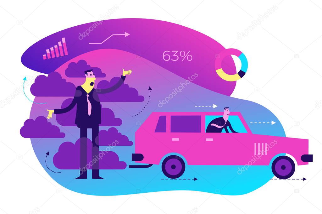 Ecological illustration. Not eco-friendly transport. A man suffocates with the exhaust gases of a car. Pollution of the planet with CO2. Global warming. Greenhouse effect. ECO problem. Green.