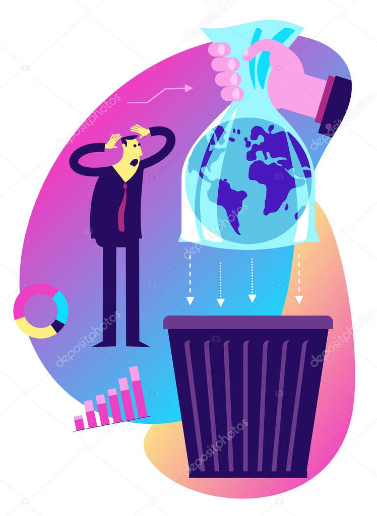 Ecological illustration. Hand in a plastic bag throws the planet Earth into an urn. Plastic pollution of surrounding land. The problem of waste disposal. No plastic. Eco problem. Green.