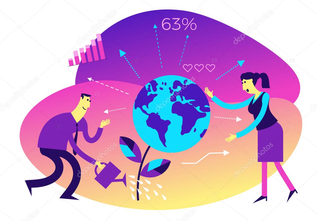 Ecological illustration. Earth Day. Man and woman water, care, take care of planet. Keeping environment clean. Save of the Earth. Caring for environment. Eco activists, ecological thinking. Green.