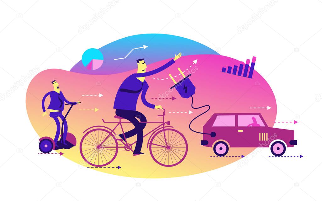 Ecological illustration. ECO friendly transport. People go by electric car, Segway, Bicycle.  Pollution of the planet with exhaust gases, CO2. Global warming. Greenhouse effect. ECO problem. Green.