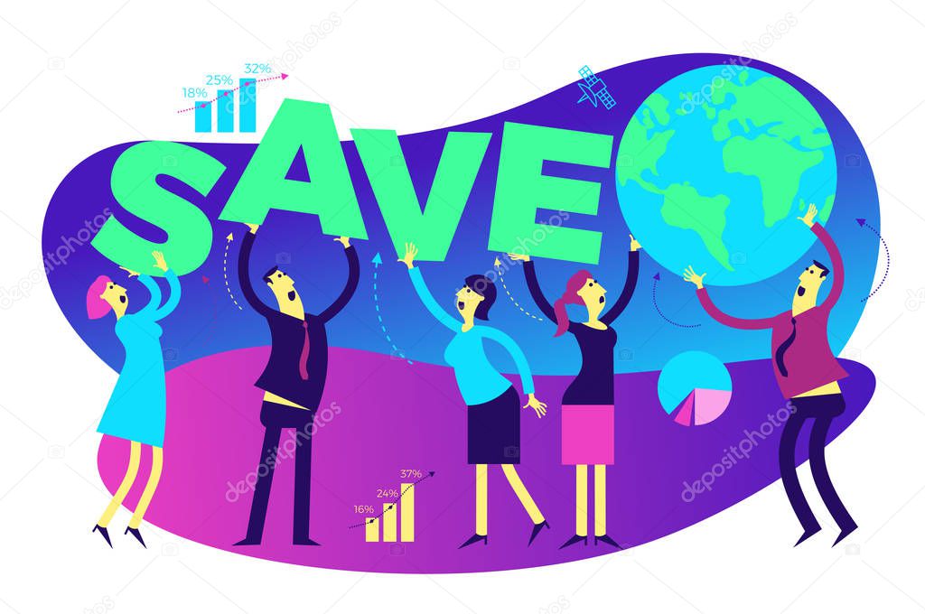 Ecological illustration. Earth day. Men and women are calling to save planet. Ecological thinking. Global warming, CO 2. No plastic. Ecological thinking. ECO activist. Environmental protection. Green.