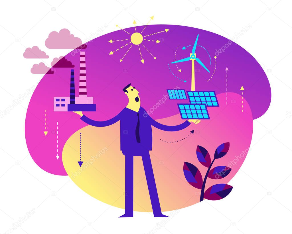 Ecological illustration. Man chooses between polluting and clean energy. Alternative types of energy. Eco city. Global warming. Environmental problem. ECO activist. Green. Solar panel, wind generator.
