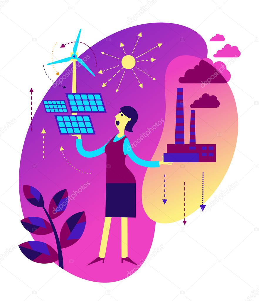 Ecological illustration. Woman chooses between polluting and clean energy. Alternative types of energy. Eco city. Global warming. Environmental problem. ECO activist. Green. Solar panel, wind generator