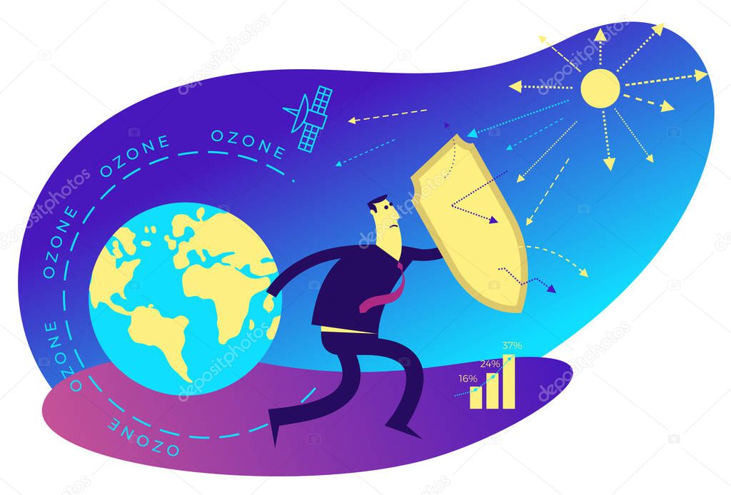 Ecological illustration. Ozone depletion. Ozone hole. Man with a shield covers planet from influence of sun. Environmental pollution. Global warming, CO2. Environmental problem. ECO activist. Green.