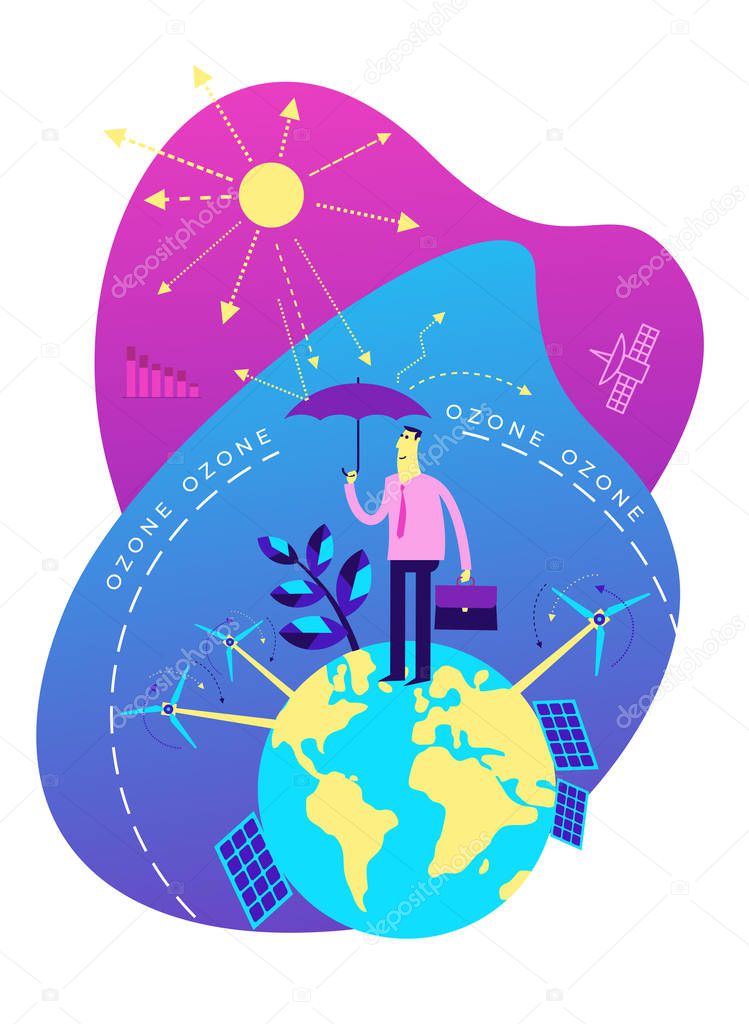 Ecological illustration. Depletion of the ozone layer. Ozone hole. Man with an umbrella covers planet Earth from effects of sun and ozone hole. Eco-city. Greenhouse effect of CO2. ECO activist. Green.