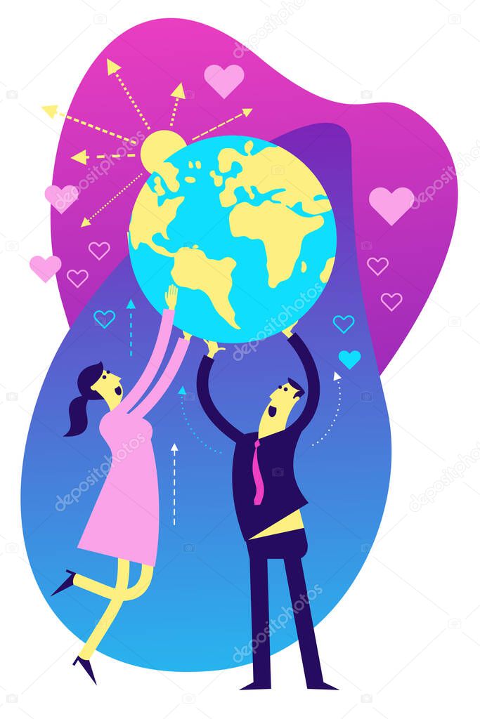 Ecological illustration. Earth day. Man and woman hold planet Earth in their hands. Care and love planet. Ecological thinking. Take Care Of Land. Concern for environment. Planting trees. ECO activist. Green.