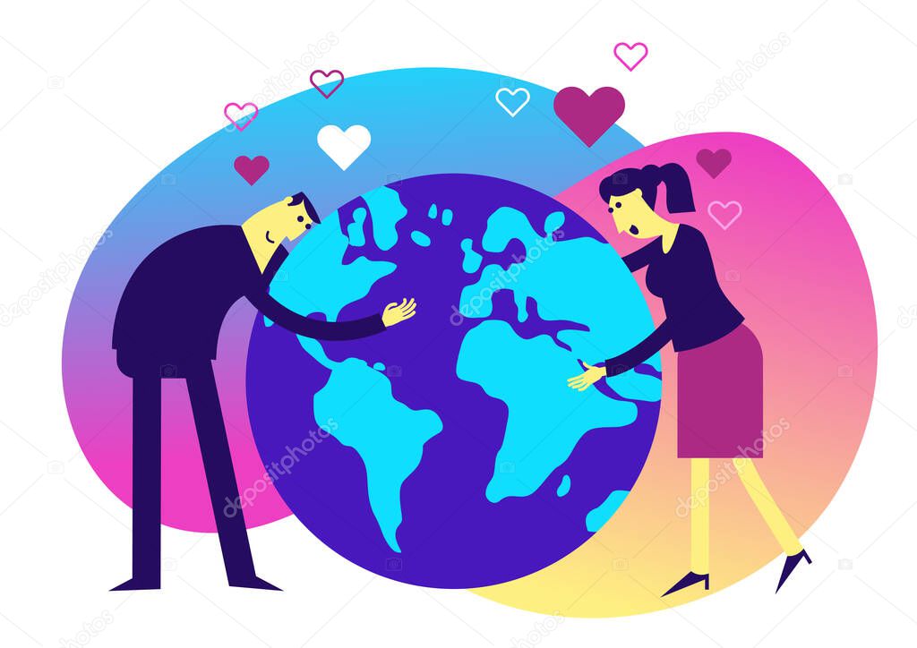 Ecological illustration. Earth day. Man and woman embrace planet Earth with their hands. Care and love planet. Ecological thinking. Concern for environment. Planting trees. Environmental activist. Green.