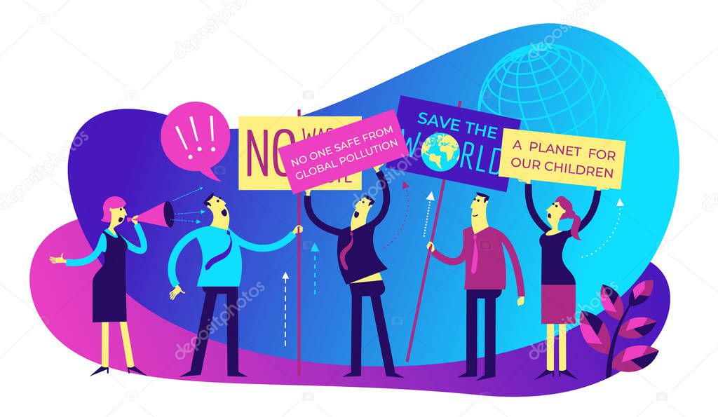 Ecological illustration.  Men and women protest against environmental pollution. No plastic, save the planet. Demonstration, rally, protest, meeting. Ecological thinking. Eco activist. Green. Ecologists.