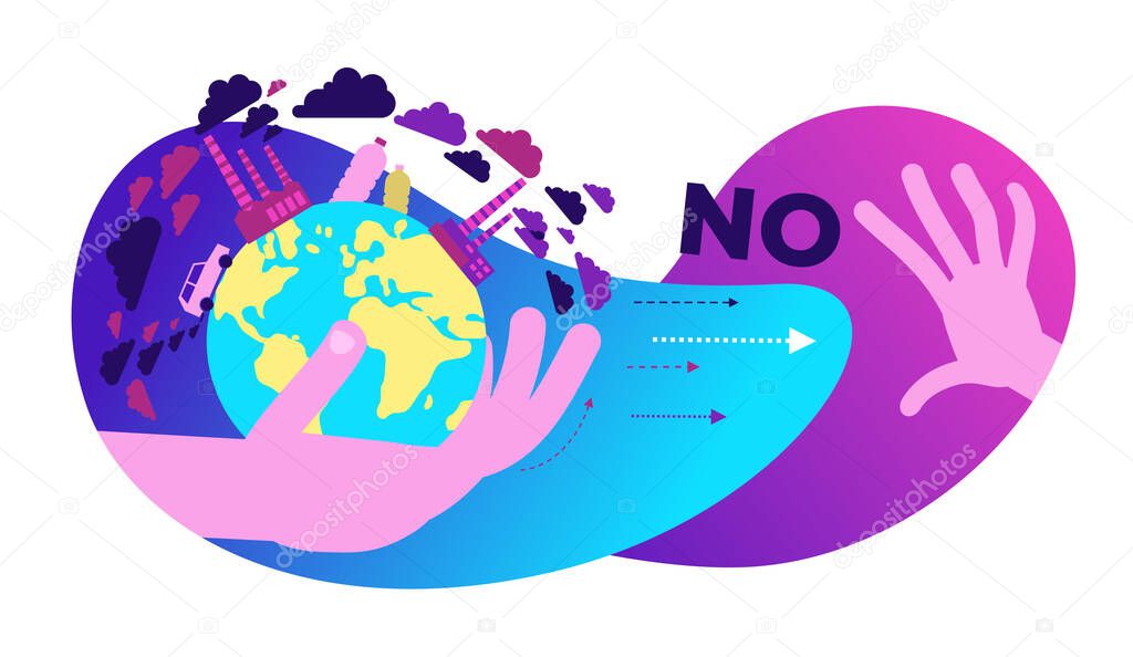 Ecological illustration. In hands of man planet Earth with polluting factories, in smoke. Climate change. Global warming. Greenhouse effect of CO2. Environmental problem. Eco activist. Green.
