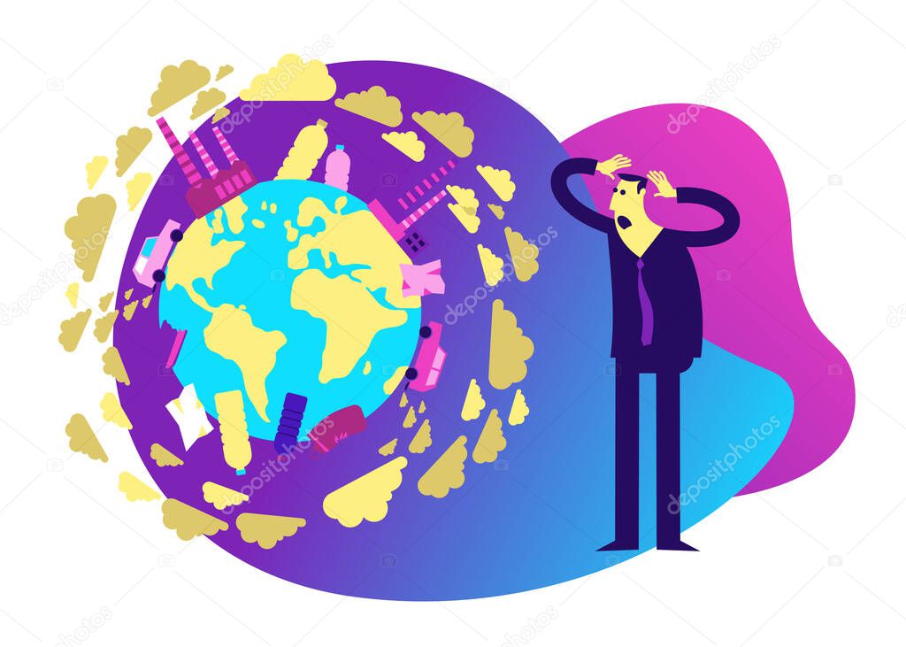 Ecological illustration. The man holds his head in horror.  Planet Earth in smoke, plastic, garbage.  Global warming. Greenhouse effect of CO2. Environmental problem. Eco activist. Green. Ecologist.