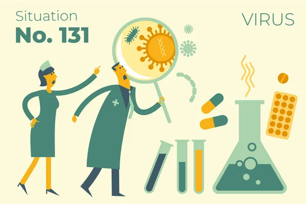 Platt Medicinsk Illustration Temat För Epidemin Läkare Och Sjuksköterska Tittar — Stock vektor