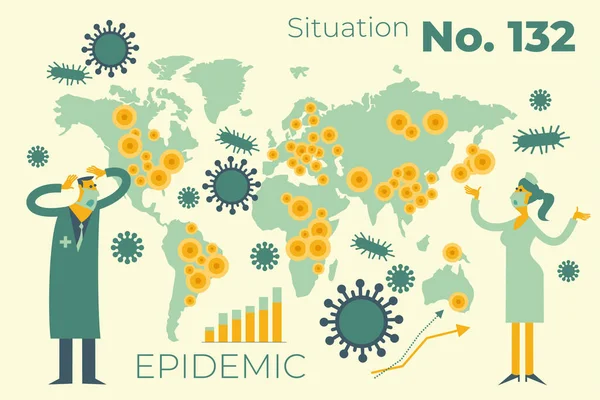 전염병의 주제에 의학적 의사와 간호사가 머리를 전염병의 중심이 세계의 지도를 — 스톡 벡터