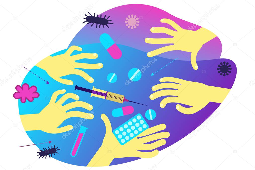 Flat medical illustration on the theme of the epidemic: hands reaching for drugs, syringe, tablets.