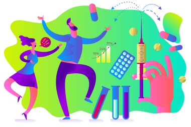 Salgının temasına ilişkin düz tıbbi illüstrasyon: bir erkek ve bir kadın virüs için yeni bir ilaca seviniyorlar. Bir şırınga, tabletler, testler, mataralar, aşılar, farmakoloji....