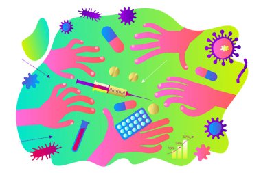 Salgının temasına ilişkin düz tıbbi illüstrasyon: uyuşturucu, şırınga, tabletler için uzanan eller.