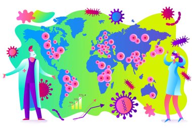 Salgının teması hakkında düz bir tıbbi çizim: bir doktor ve bir hemşire, salgının merkeziyle birlikte dünyanın haritasına bakıyorlar..