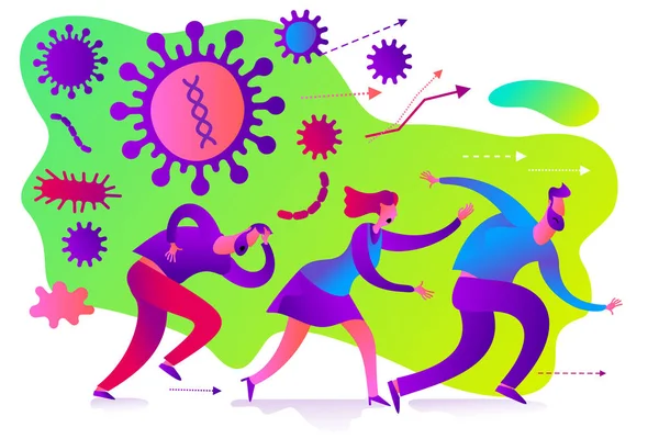 Salgının teması hakkında düz tıbbi illüstrasyon: sağlıklı insanlar enfeksiyon kapmamak için hastadan kaçar. Salgın korkusu..