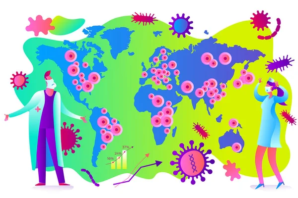 전염병의 주제에 의학적 의사와 간호사가 머리를 전염병의 중심이 세계의 지도를 — 스톡 벡터