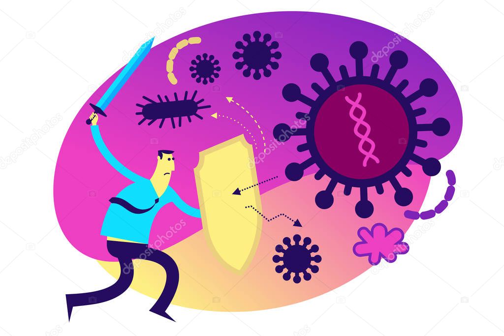 Flat medical illustration on the theme of the epidemic: a man with a shield and a sword protects the body from a viral disease. Immune system.